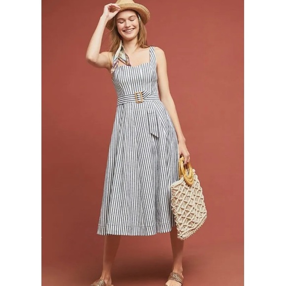 Maeve Dresses & Skirts - Maeve Blue/White Fowler Striped Midi dress with belt by Anthropologie size 16